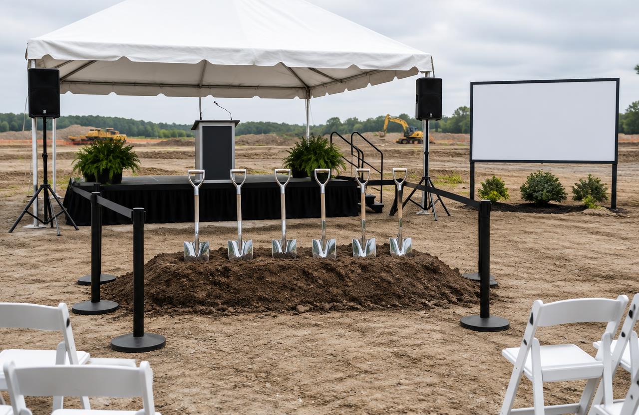 Groundbreaking ceremony on an Indianapolis construction site with white tent, stage and podium, chrome shovels in a dirt mound, black stanchions and guest seating
